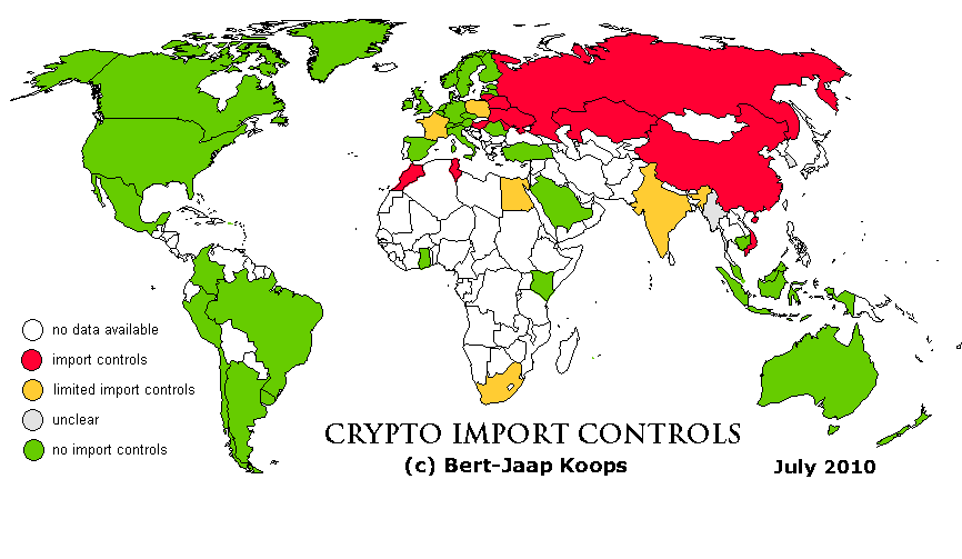 Crypto import controls vary from country to country, as shown in this diagram from 2010 courtesy of http://www.cryptolaw.org/cls-impo.gif